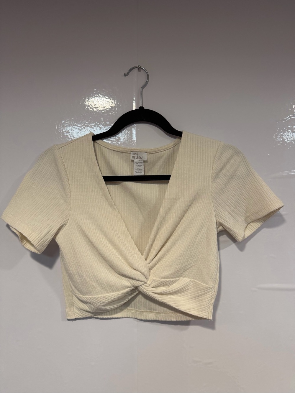 Cream Twist-Front Ribbed‎ Crop Top West of Melrose